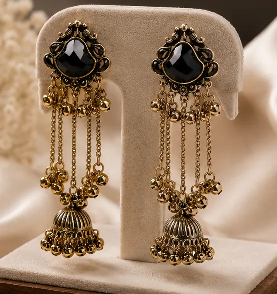 Onyx Black Long Chain Ghungroo Jhumkas